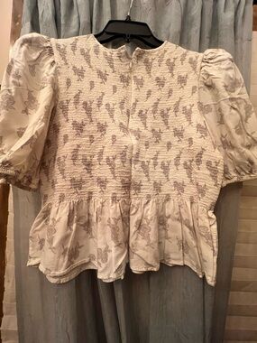 Express Cream Floral Smocked Peplum Blouse